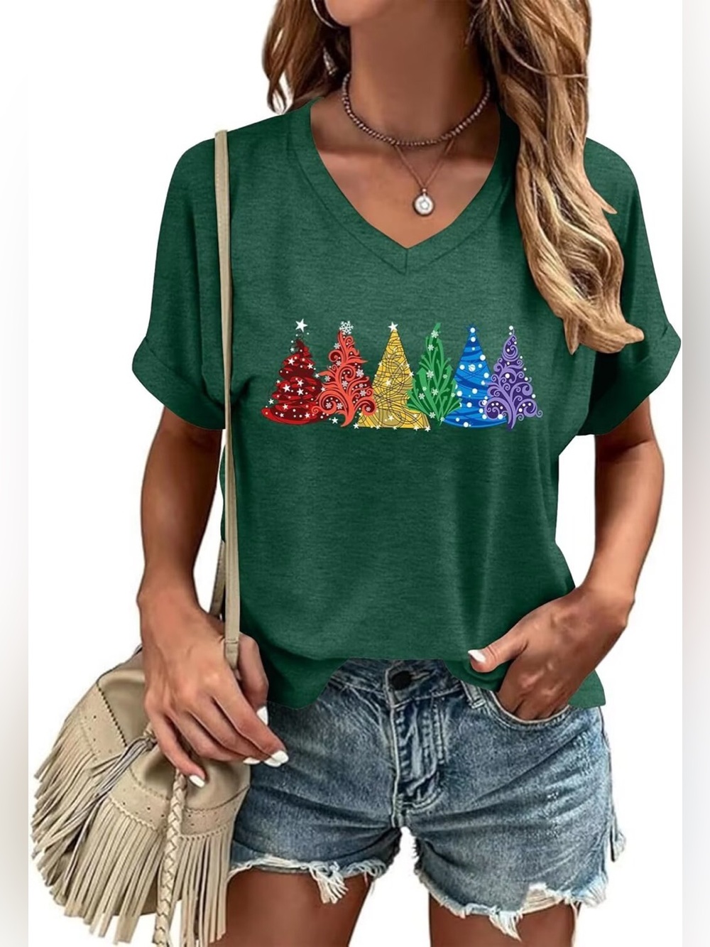 NEW Heather Forest green V-neck Tee features colorful Christmas trees size M